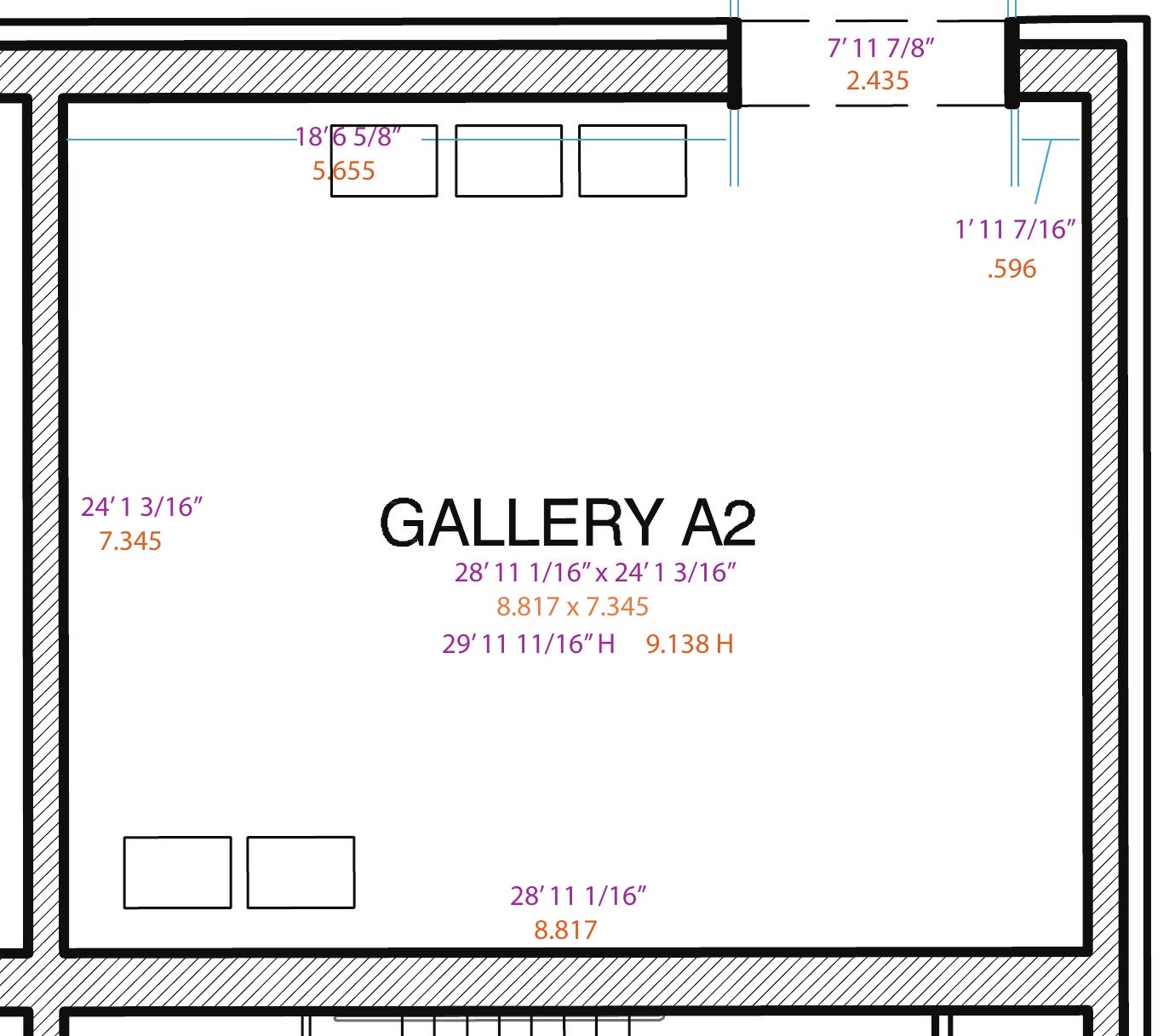 Gallery A2 floor plan — 29 by 24 feet, 30 foot ceilings